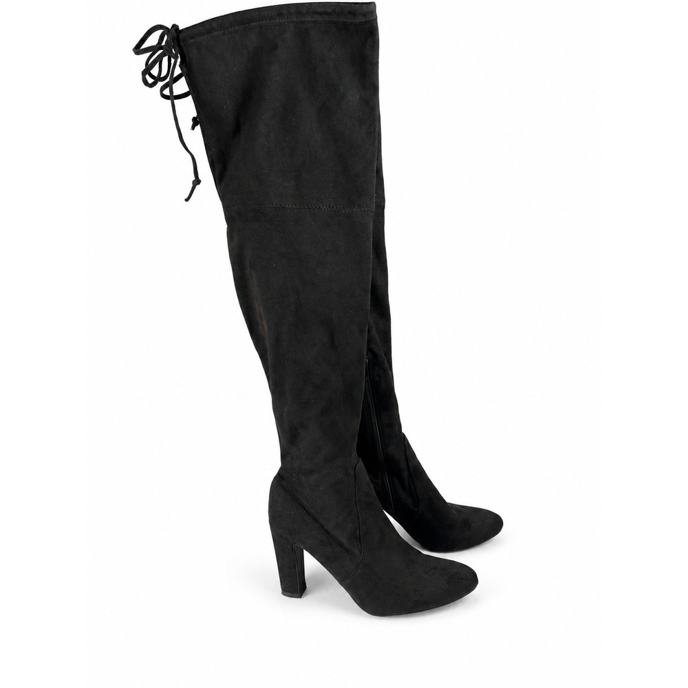 UNISA Women's 7.5 Black Over the Knee Boots Faux Suede Block Heel Tie Back